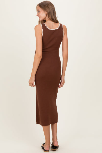 Brown Contrast Stitch Detail Ribbed Maternity Sweater Dress