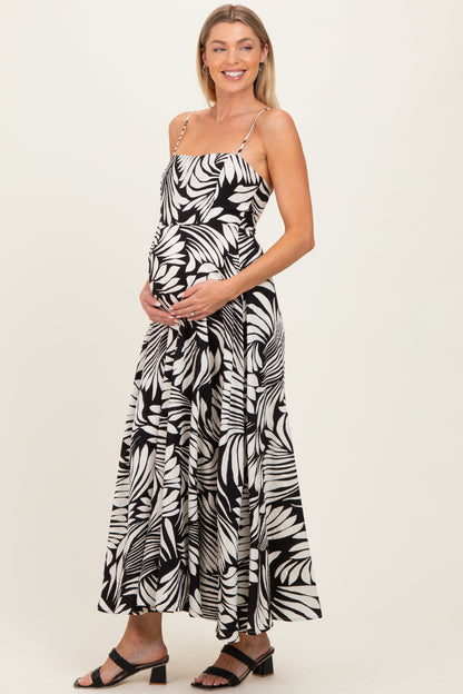 Black Printed Linen A-Line Maternity Midi Dress
