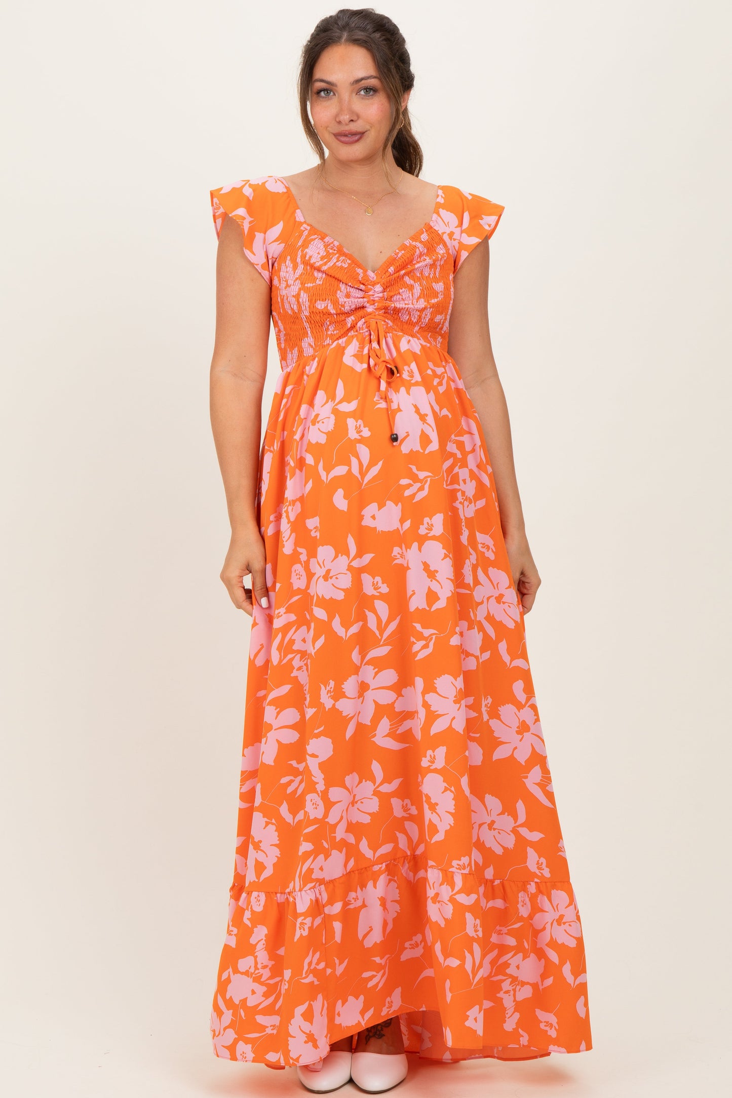 Orange Floral Smocked Cinched Top Maternity Maxi Dress