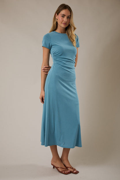 Blue Short Sleeve Ruched Maternity Midi Dress