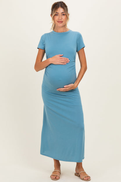Blue Short Sleeve Ruched Maternity Midi Dress