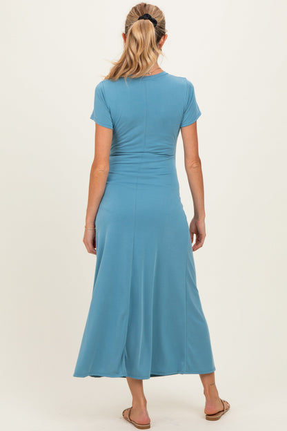 Blue Short Sleeve Ruched Maternity Midi Dress
