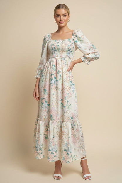 Ivory Floral Smocked 3/4 Sleeve Maternity Maxi Dress