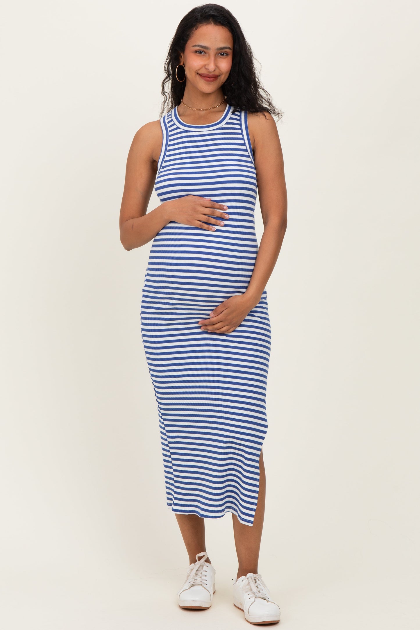 Blue Striped Side Slit Maternity Tank Dress