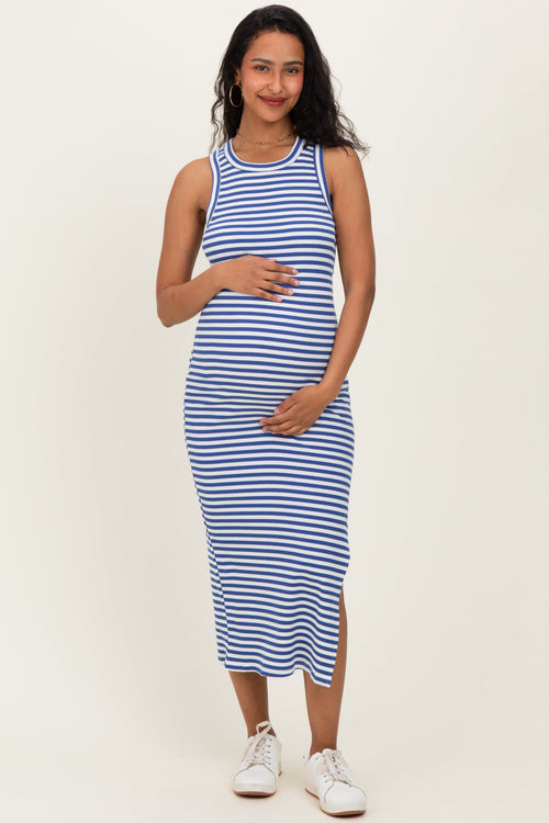 Blue Striped Side Slit Maternity Tank Dress