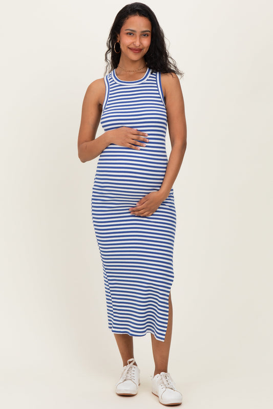 Blue Striped Side Slit Maternity Tank Dress