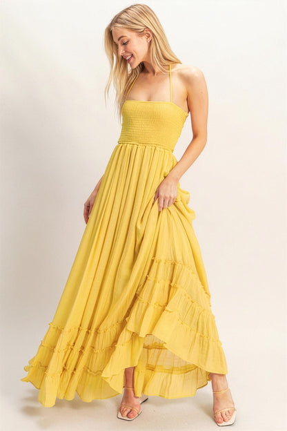 Yellow Smocked Halter Open Back Maternity Maxi Dress