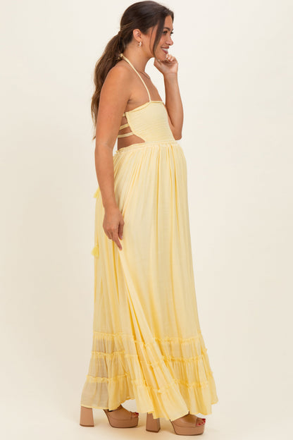 Yellow Smocked Halter Open Back Maternity Maxi Dress
