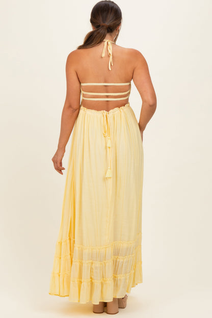 Yellow Smocked Halter Open Back Maternity Maxi Dress