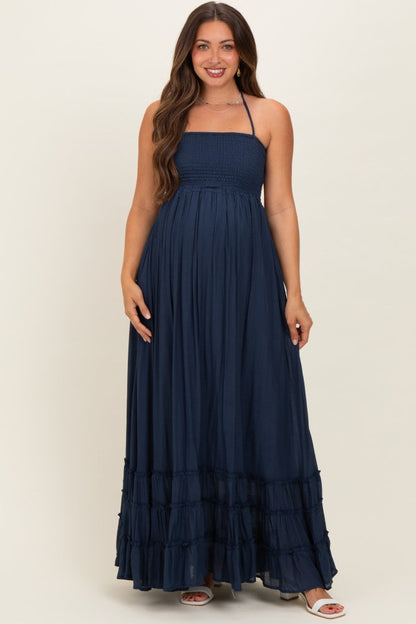 Navy Smocked Halter Open Back Maternity Maxi Dress