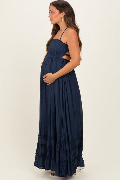Navy Smocked Halter Open Back Maternity Maxi Dress