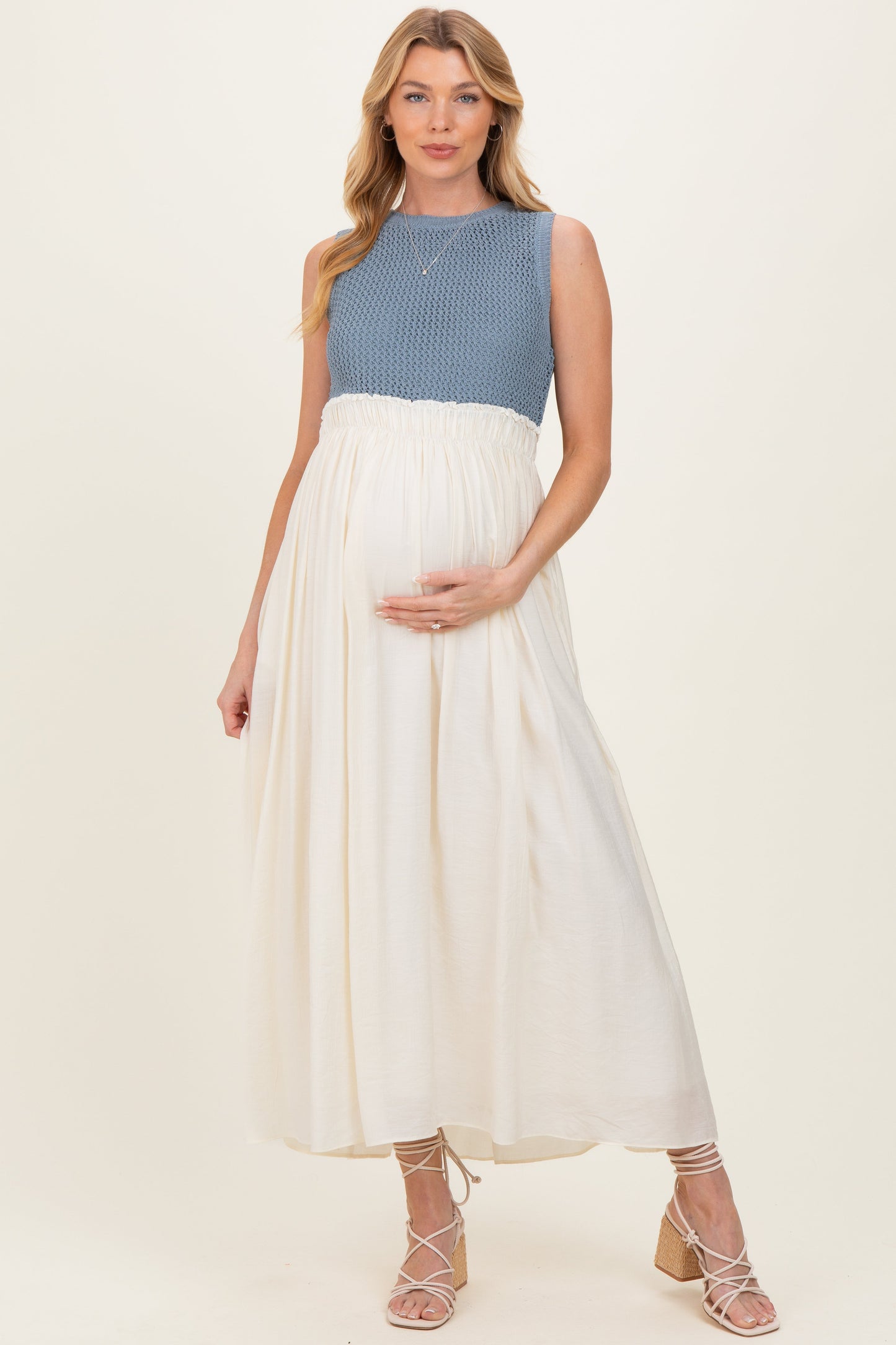 Dusty Blue Knit Bodice Contrast Skirt Maternity Maxi Dress