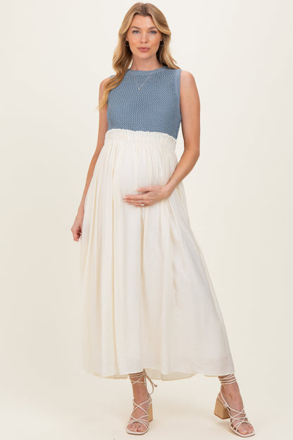 Dusty Blue Knit Bodice Contrast Skirt Maternity Maxi Dress