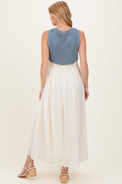 Dusty Blue Knit Bodice Contrast Skirt Maternity Maxi Dress