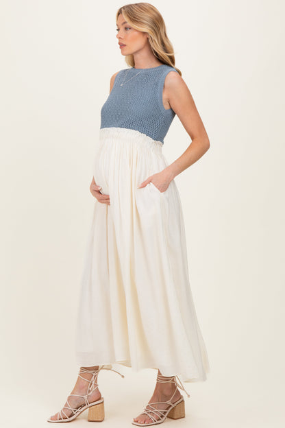 Dusty Blue Knit Bodice Contrast Skirt Maternity Maxi Dress