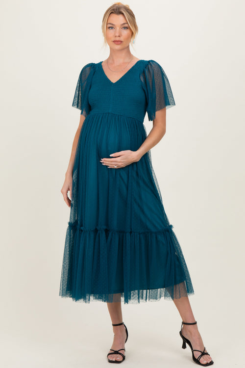 Teal Dotted Tulle Smocked Maternity Midi Dress