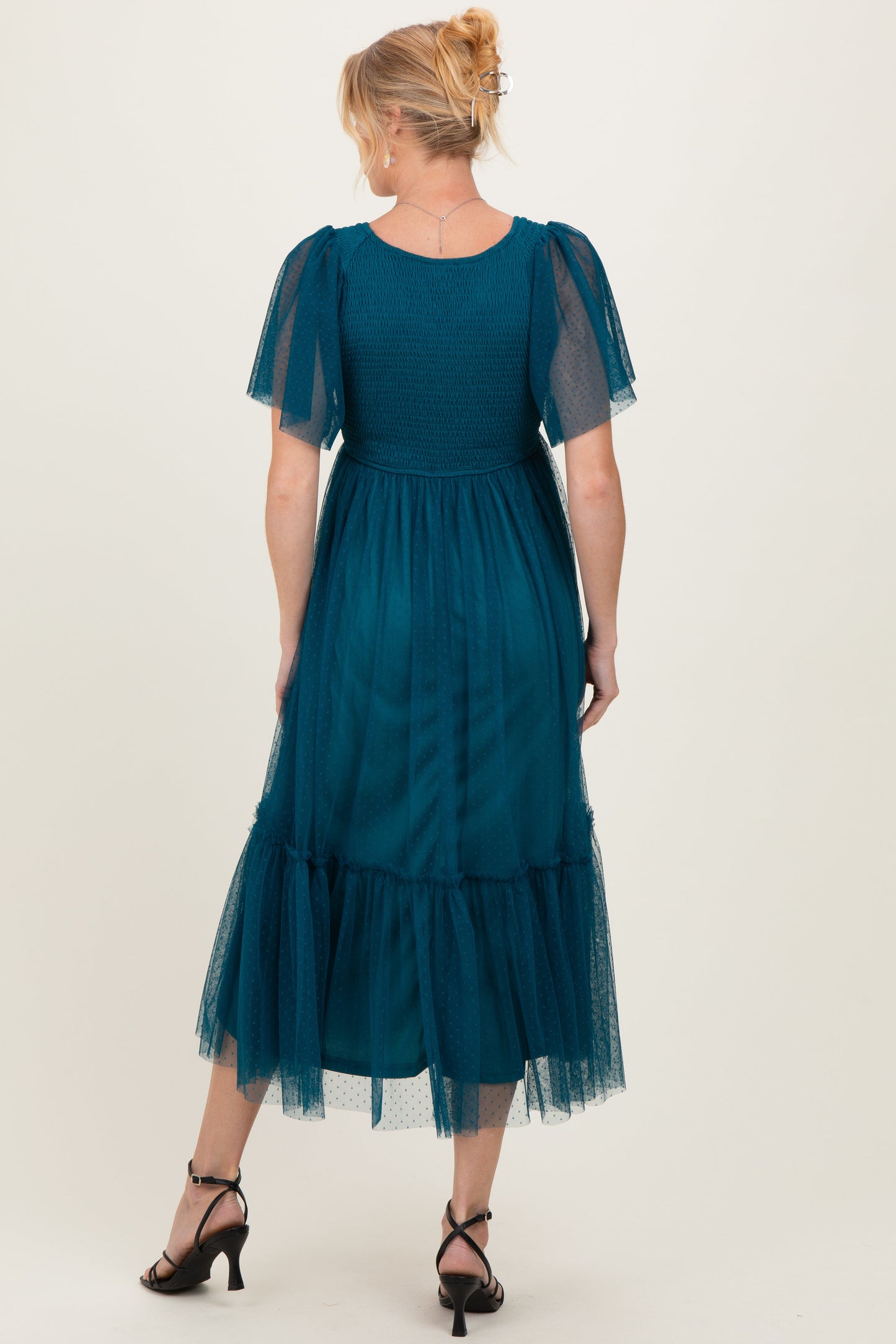 Teal Dotted Tulle Smocked Maternity Midi Dress