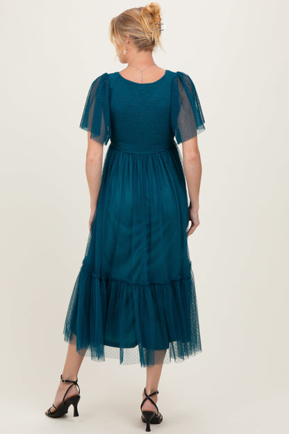 Teal Dotted Tulle Smocked Maternity Midi Dress