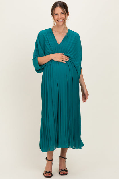 Teal Pleated V Neck Maternity Maxi Dress