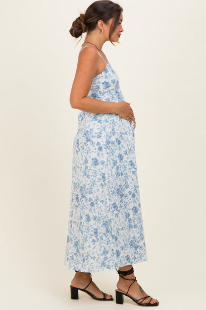 Light Blue Floral Sleeveless Maternity Midi Dress