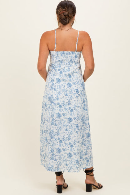 Light Blue Floral Sleeveless Maternity Midi Dress