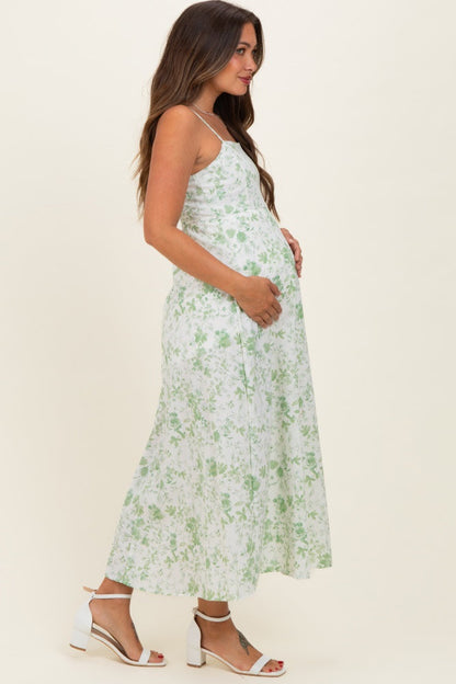 Light Green Floral Sleeveless Maternity Midi Dress