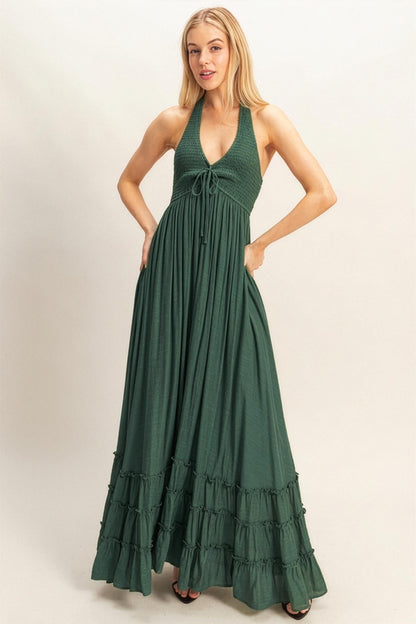 Hunter Green Halter Neck Smocked Maternity Maxi Dress