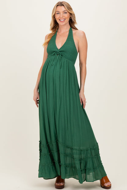 Hunter Green Halter Neck Smocked Maternity Maxi Dress