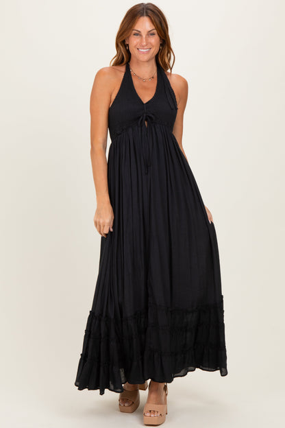 Black Halter Neck Smocked Maternity Maxi Dress