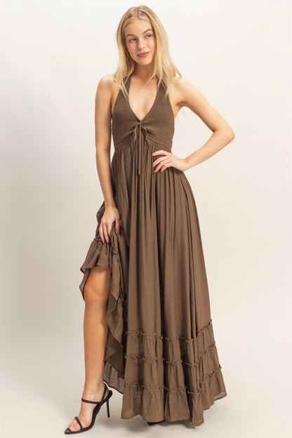 Brown Halter Neck Smocked Maternity Maxi Dress