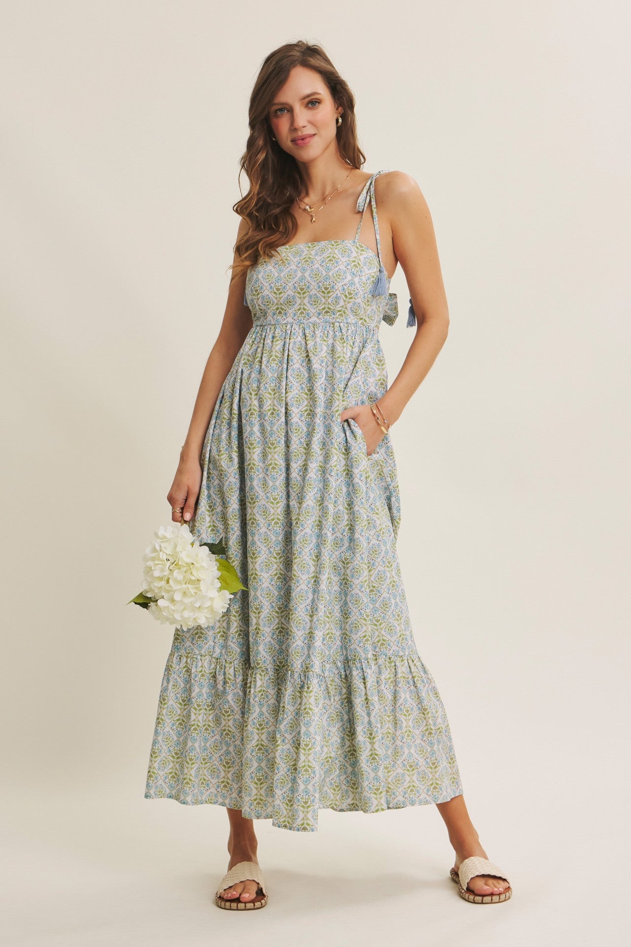 Blue Multi Garden Floral Open-Back With Bow Cotton Maternity Midi Dress