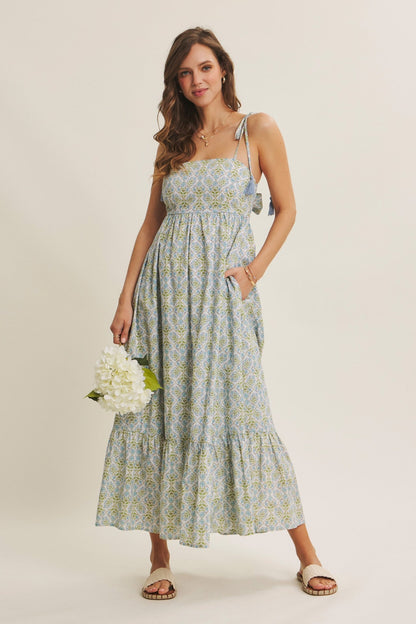 Blue Multi Garden Floral Open-Back With Bow Cotton Maternity Midi Dress
