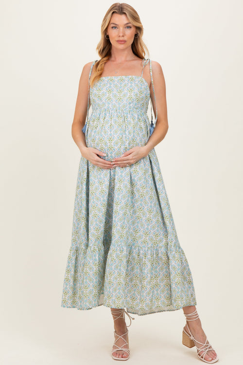 Blue Multi Garden Floral Open-Back With Bow Cotton Maternity Midi Dress