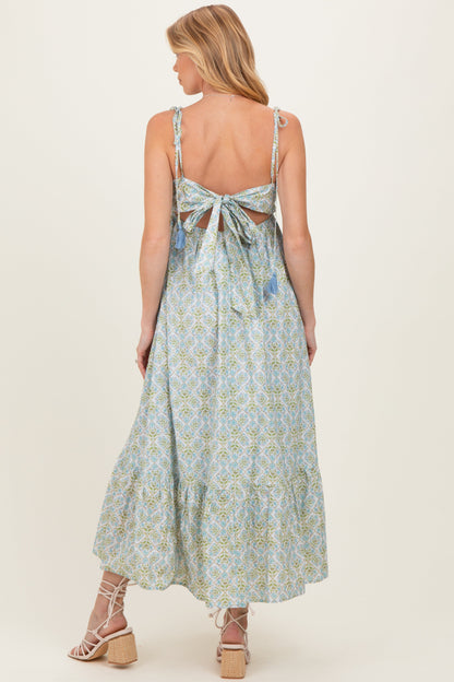 Blue Multi Garden Floral Open-Back With Bow Cotton Maternity Midi Dress