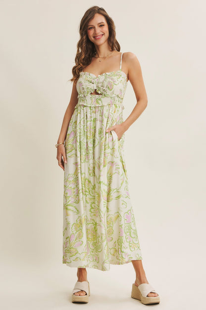Green Cream Elegant Floral Maternity Maxi Dress