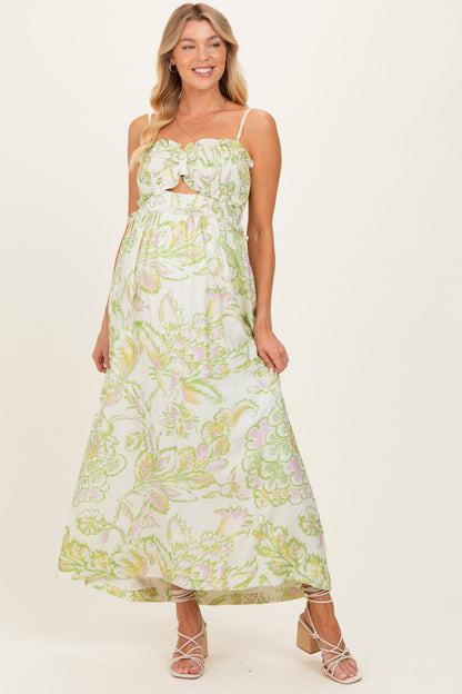 Green Cream Elegant Floral Maternity Maxi Dress