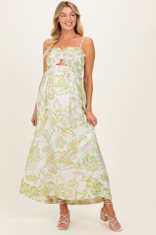 Green Cream Elegant Floral Maternity Maxi Dress