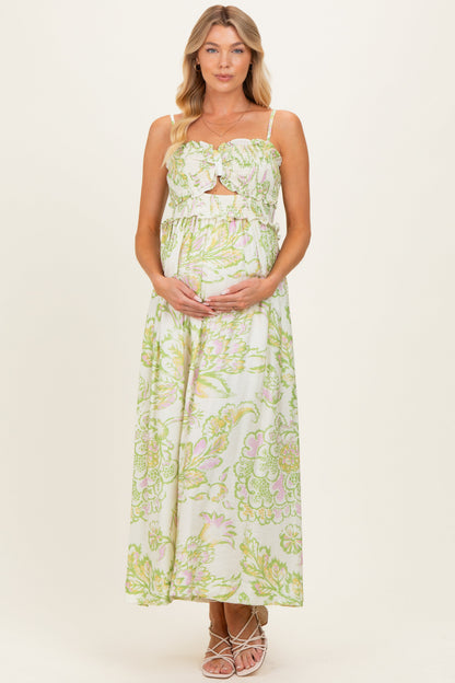 Green Cream Elegant Floral Maternity Maxi Dress