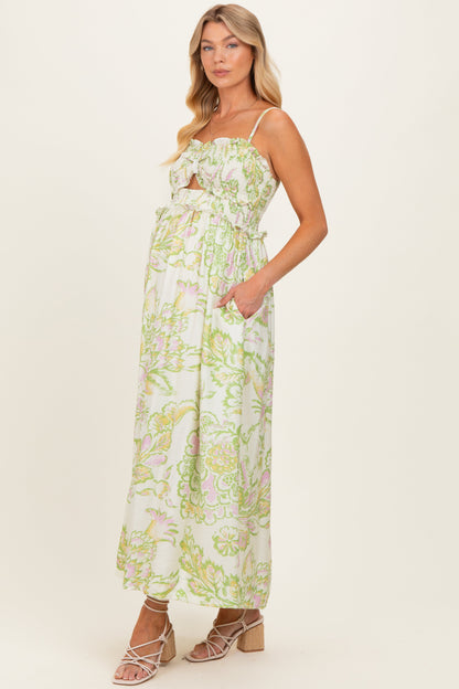 Green Cream Elegant Floral Maternity Maxi Dress