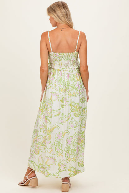 Green Cream Elegant Floral Maternity Maxi Dress