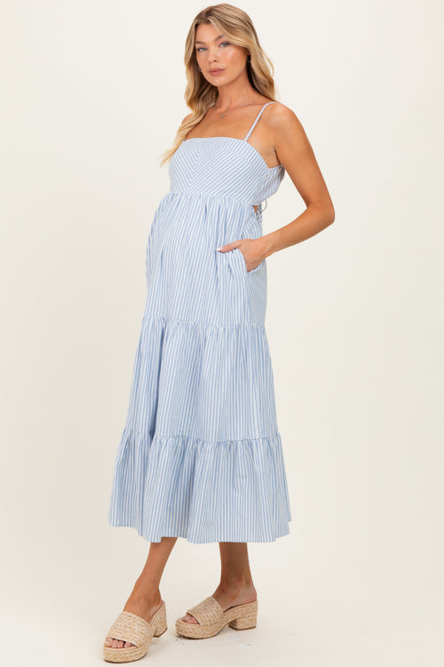 Light Blue Diagonal Stripe Front Tier Maternity Dress