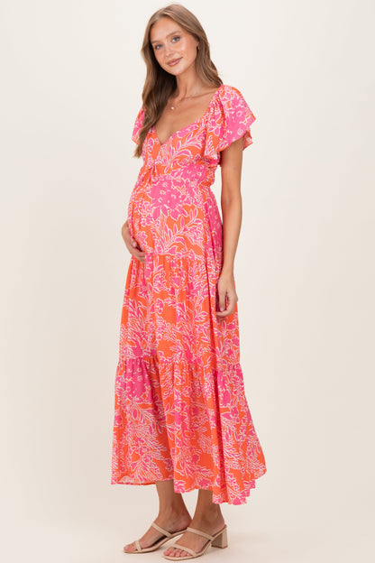 Fuchsia Floral Waist Tie Open Back Maternity Maxi