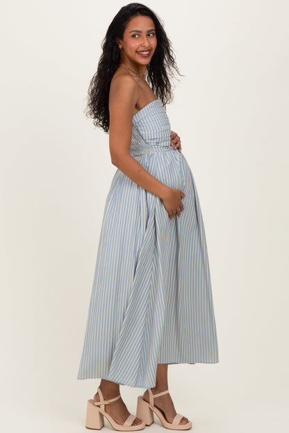 Light Blue Striped Strapless Maternity Maxi Dress