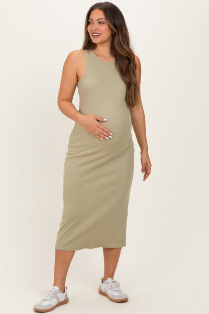 Light Olive Ribbed Maternity Tank Midi Dress
