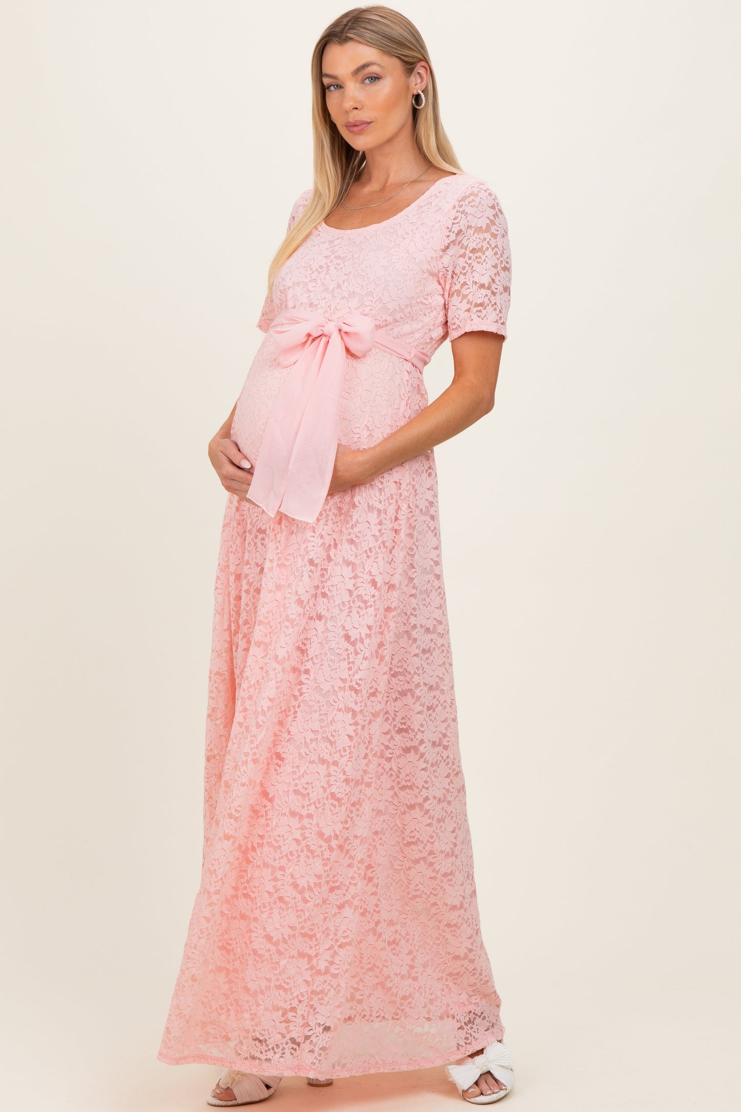Light Pink Lace Sash Tie Maternity Gown