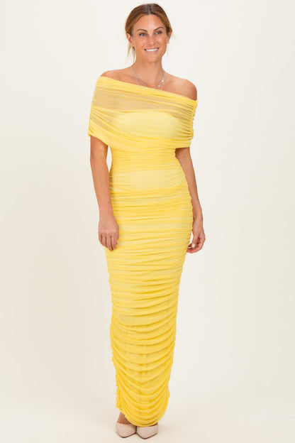 Lemon Ruched Mesh Foldover Off Shoulder Maternity Maxi Dress