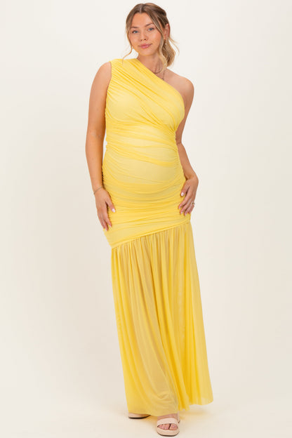 Lemon Ruched Mesh One Shoulder Maternity Maxi Dress