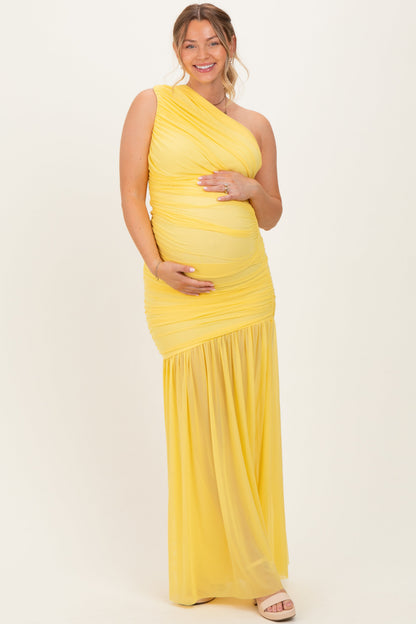 Lemon Ruched Mesh One Shoulder Maternity Maxi Dress
