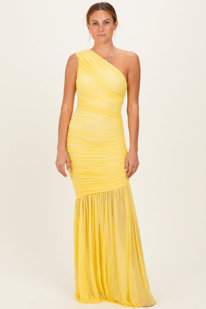 Lemon Ruched Mesh One Shoulder Maternity Maxi Dress