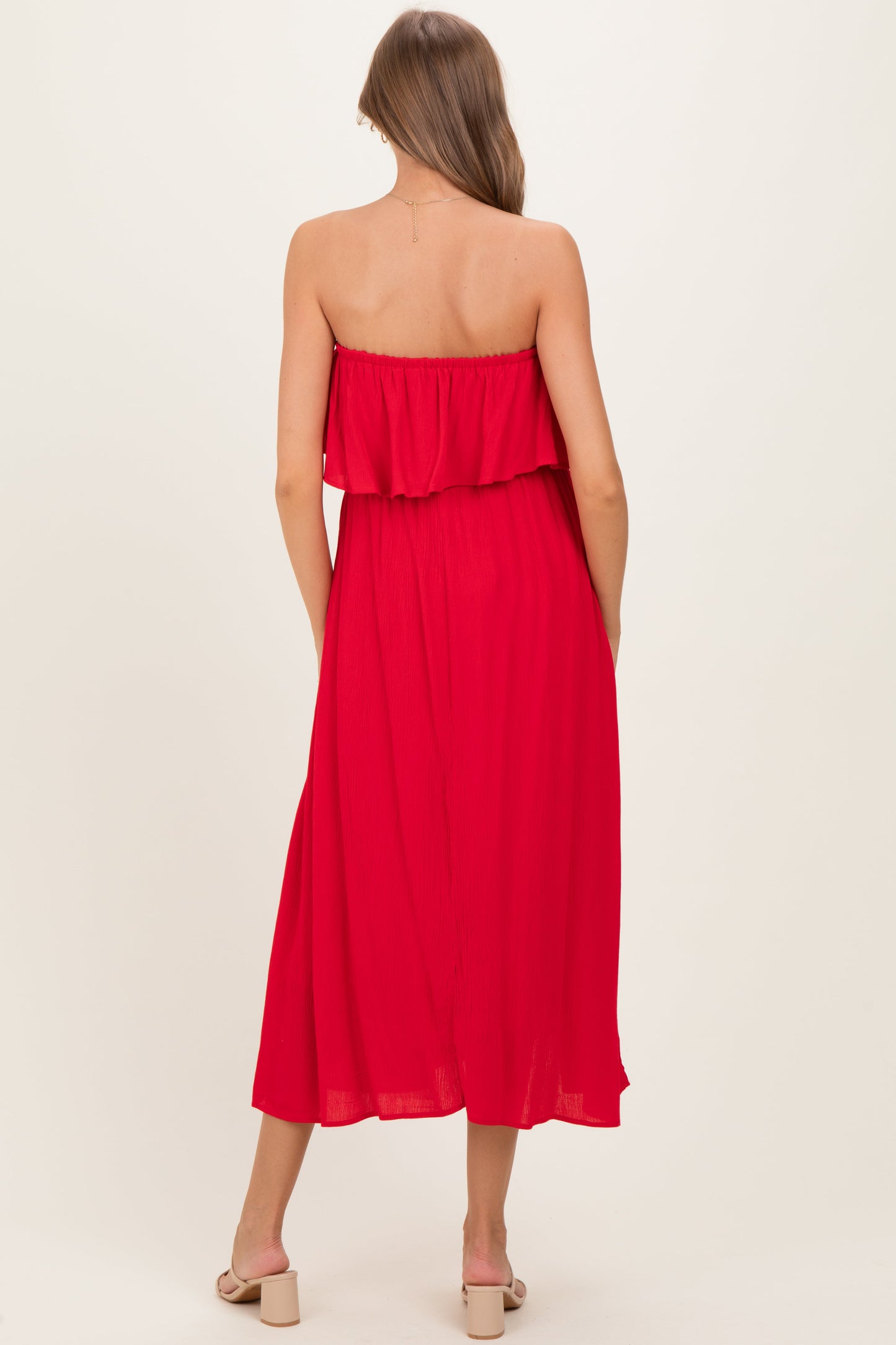 Ruby Woven Crinkle Flounce Strapless Maternity Maxi Dress